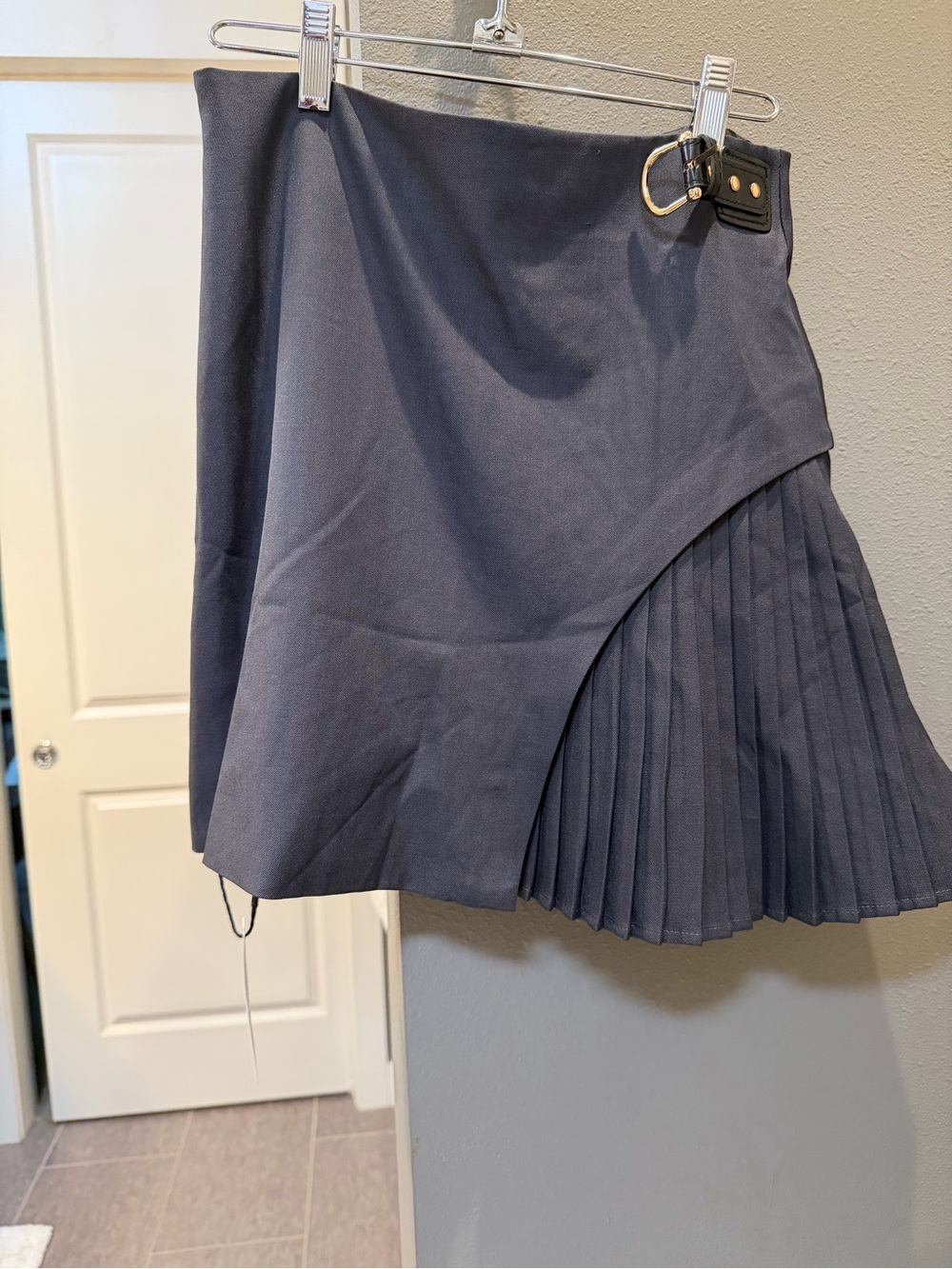 Commense Navy Asymmetrical Pleated Wrap Skirt with Buckle